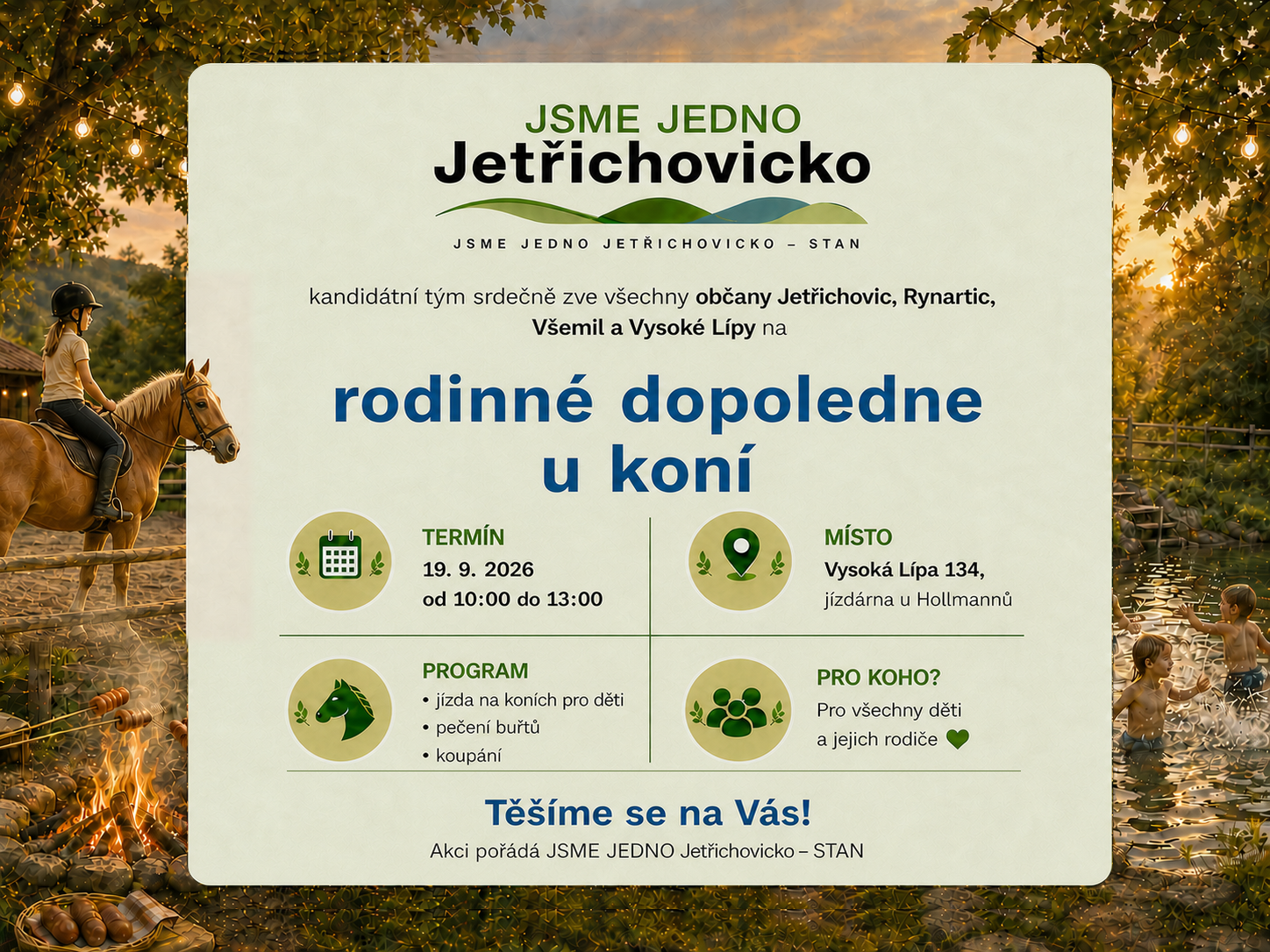 Pozvánka týmu JSME JEDNO Jetřichovicko na rodinné dopoledne u koní dne 19. 9. 2026. Jízda na koni pro děti, pečení buřtů a koupání.